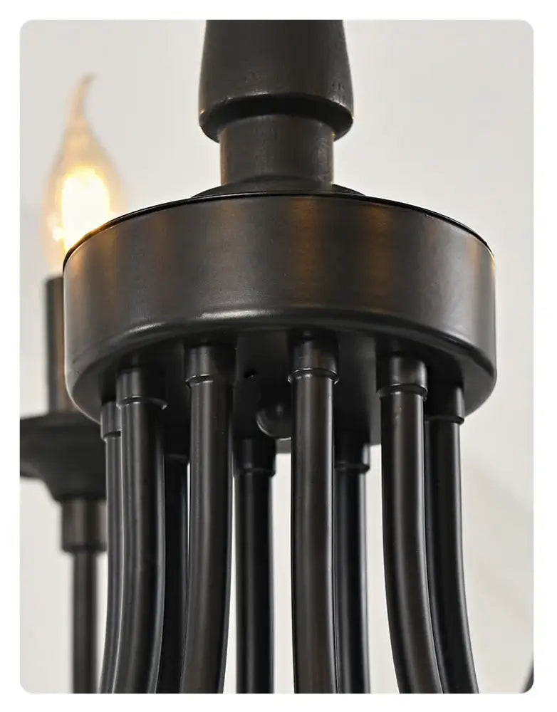 Traditional black metal chandelier with vintage industrial design and multiple slender vertical rods for dining room decorbites black metal heads pendant lights