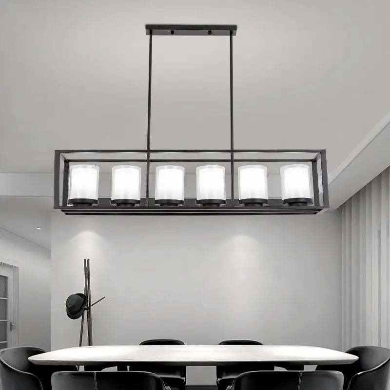 Traditional black rectangle frame pendant light with six frosted glass cylinders for dining room lighting