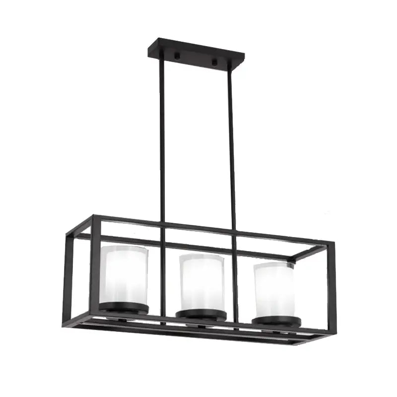 Black metal rectangular chandelier with three frosted glass cylinders in a traditional black rectangle frame pendant light