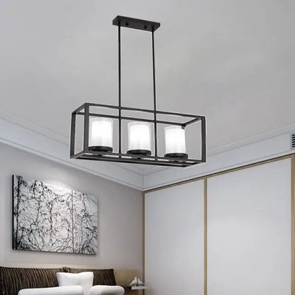 Black metal rectangle frame pendant light with three frosted glass cylinders for dining room lighting