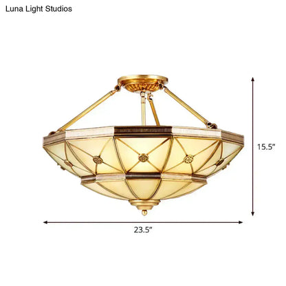 Gold-toned semi-flush mount fixture with amber glass and intricate metalwork 23.5’’/32’’ width 220v-240v power