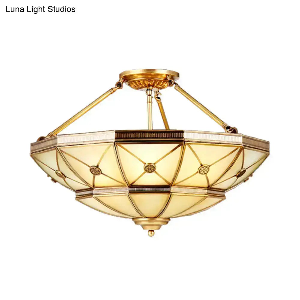Golden brass semi-flush mount fixture with 23.5’’/32’’ width and amber geometric frosted glass shade 220v-240v