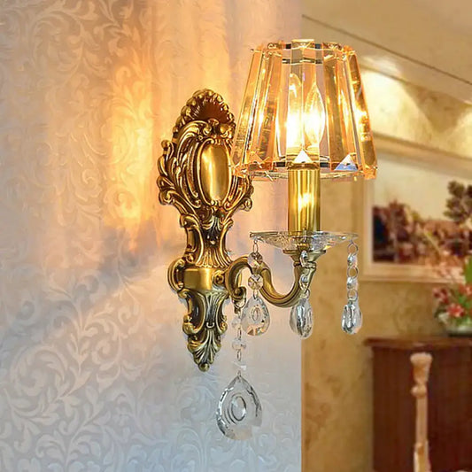 Traditional brass wall lamp with gold-toned ornate design and clear crystal shade for living room 220v-240v 110v-120v