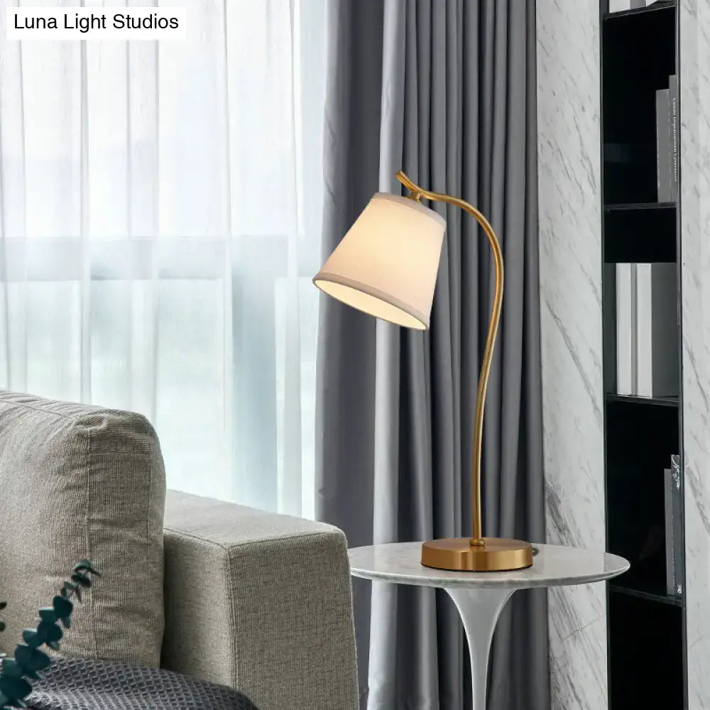 Gold-toned brass traditional bucket table lamp with cream fabric shade for 220v-240v led incandescent fluorescent lighting