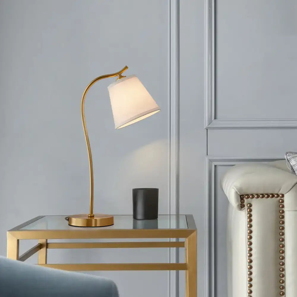 Decorbites™ brass single fabric bedside lamp with gold-toned slender arm and soft white shade for traditional bucket table lighting compatible with 220v-240v and led incandescent fluorescent bulbs