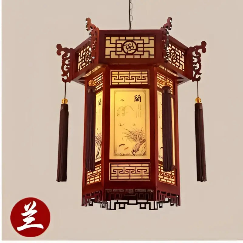 Traditional chinese red wooden pendant light with gold-leafed decorbites bamboo lantern panels and dark tassels for dining room