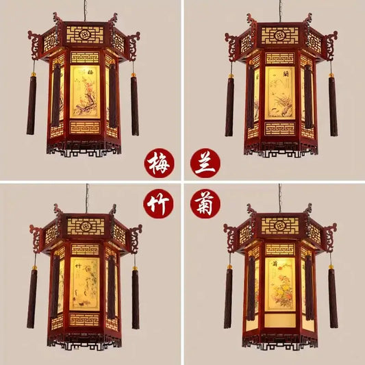 Traditional chinese carved bamboo lantern pendant lights with intricate golden floral panels and dark brown tassels
