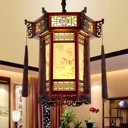 Traditional chinese carved bamboo lantern pendant lights with red wooden frame and dark brown tassels for dining room