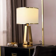 Decorbites traditional drum shade nightstand table lamp in gold with off-white fabric shade compatible with led incandescent fluorescent bulbs and 220v-240v 110v-120v