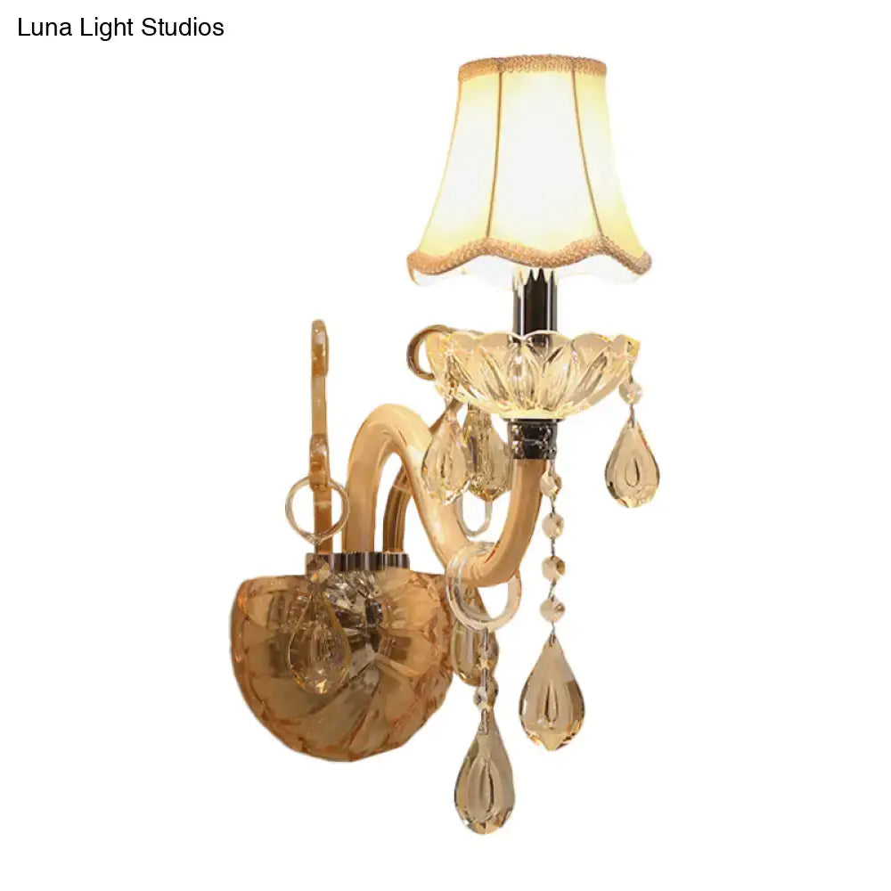 Traditional gold crystal wall sconce with fabric shade scalloped lampshade and dangling teardrop crystals for bedroom light