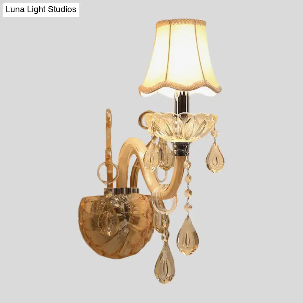 Traditional gold crystal wall sconce with fabric shade scalloped lampshade and dangling teardrop crystals for bedroom light