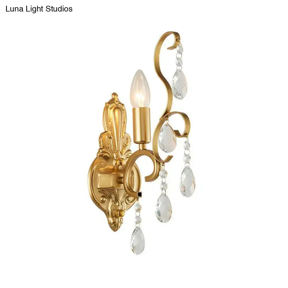Traditional gold metal candle wall lamp with ornate design and crystal teardrop pendants for living room wall lamp