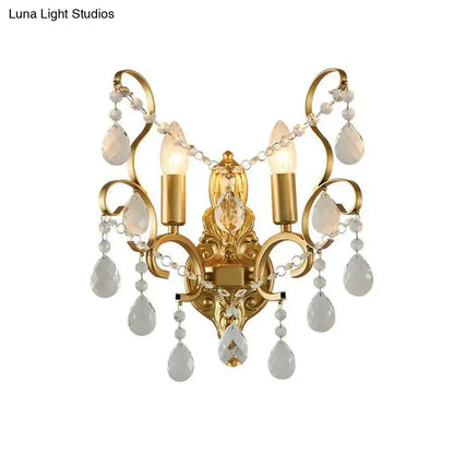 Traditional gold metal candle wall lamp with ornate design and crystal beads for elegant living room wall lamp decor