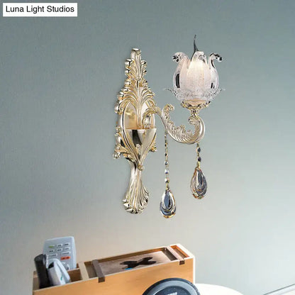 Traditional gold swan living room wall light with frosted glass sconce and crystal teardrop pendants