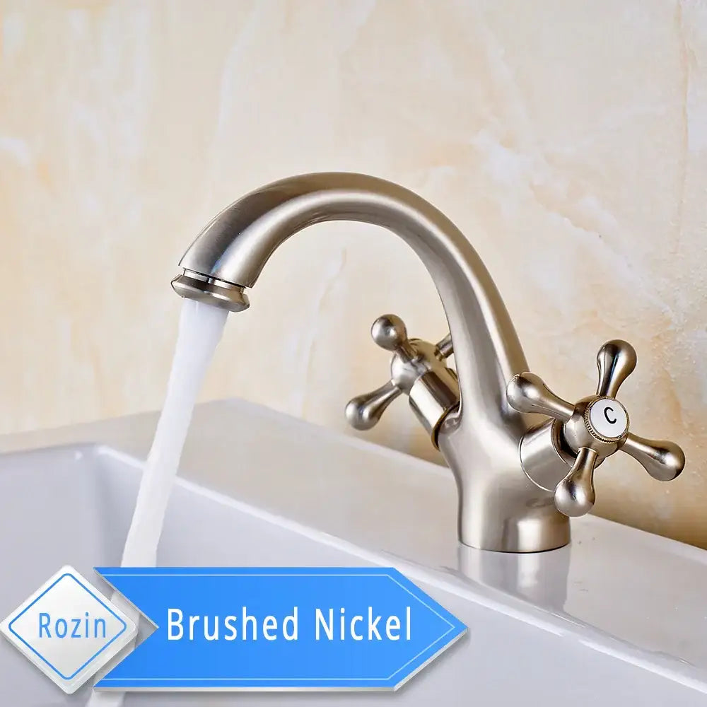 Brushed nickel basin faucet with cross handles and curved spout for decorbites gold vessel sink bathroom use