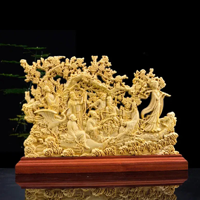 Elaborate ivory-colored carved wooden eight immortals sculpture mounted on polished reddish-brown wood base for living room decor