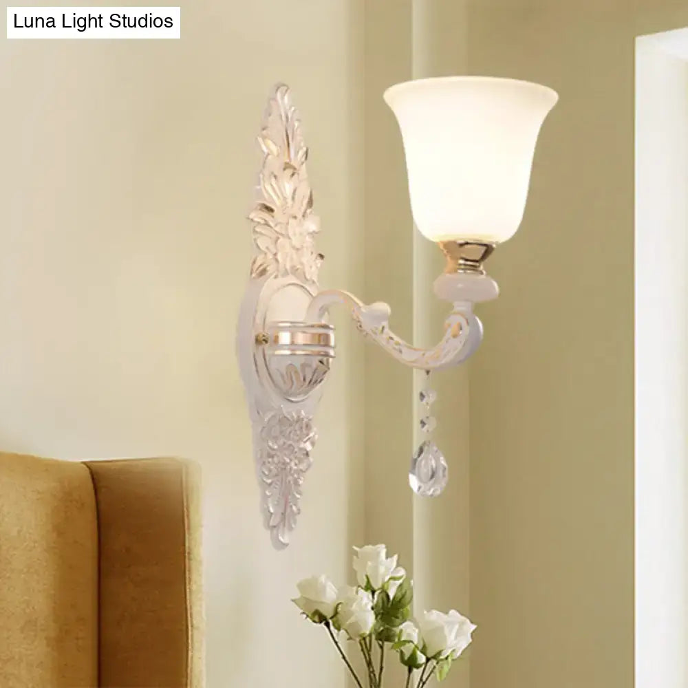 Elegant traditional white glass wall lamp 220v-240v with ornate design crystal droplets bedroom sconce