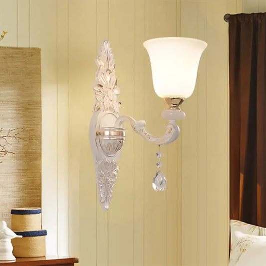 Traditional white glass wall lamp with crystal droplet accent and frosted glass shade for bedroom sconce 220v-240v