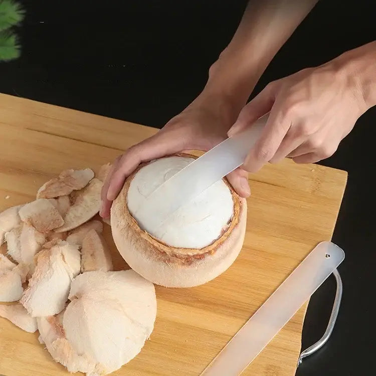 Translucent white plastic decorbites coconut opener tool with handle and curved blade for kitchen flesh extraction