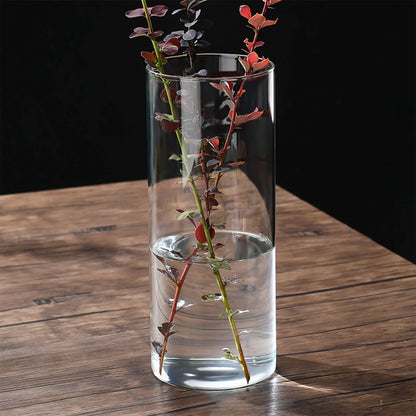 Transparent glass hydroponic cylindrical vase holding red-leafed stems for wedding living room decoration