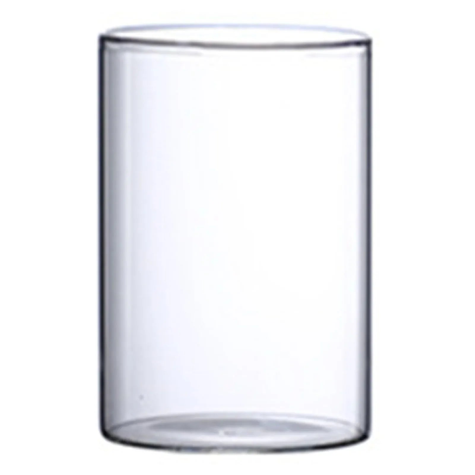 Clear transparent glass hydroponic vase with smooth cylindrical walls and rounded rim for wedding or living room decor
