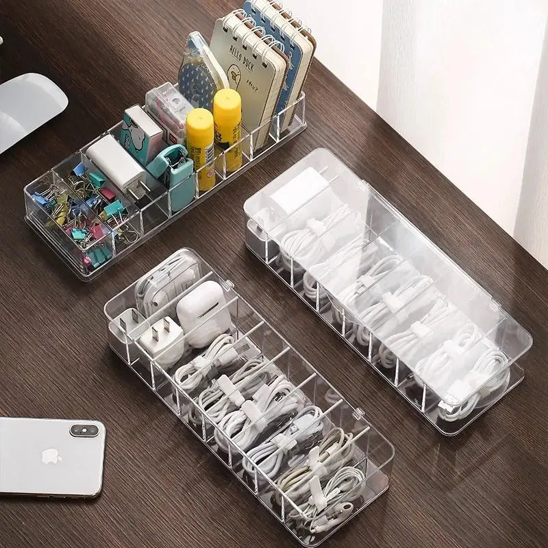 Transparent plastic cable storage box with multiple compartments for decorbites cable storage and electronic accessories organization