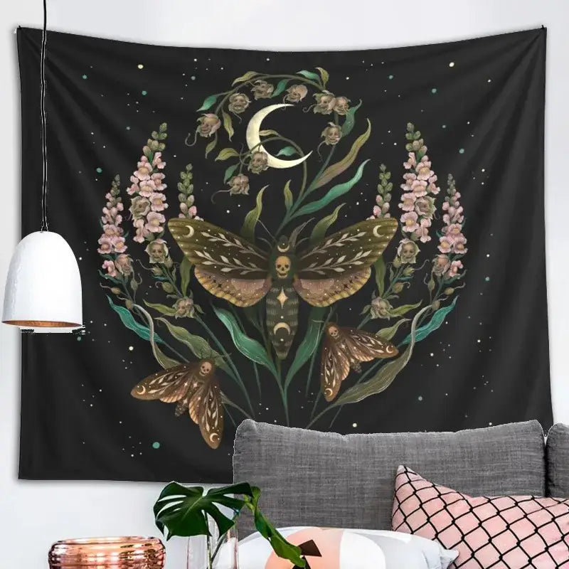 Black death’s head tapestry featuring intricate moth skull and flower design on starry night sky for bedroom decorbites decor