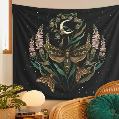 Black death’s head tapestry featuring a central moth with skull details and moon flowers for bedroom decorbites decor