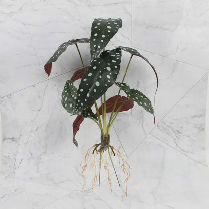 Tropical artificial plant wall set with dark green white-speckled leaves and realistic root system for living room decor