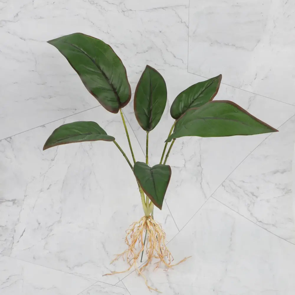 Tropical artificial plant wall set with glossy dark green leaves brown-edged stems and realistic root system for decor