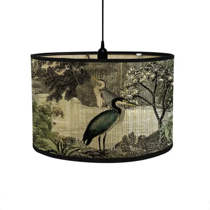 Cylindrical decorbites bamboo pendant light with sepia heron and foliage print fabric shade for dining room decor