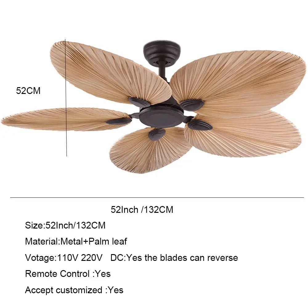 52-inch tropical bronze led ceiling fan with five light brown palm leaf blades and dark bronze metal hub for living room