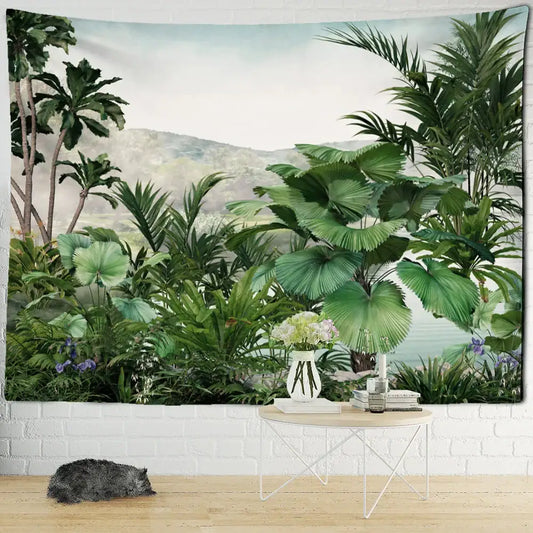 Lush tropical jungle scene tapestry wall hanging with vibrant ethorn palm plant foliage for living room decorbites decor
