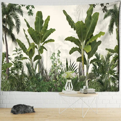 Tropical green ethorn palm plant tapestry wall hanging on white brick wall for living room decor by decorbites
