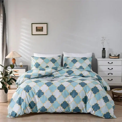 Blue and white geometric-patterned duvet set with gold accents decorbites gold print stylish bedding solution