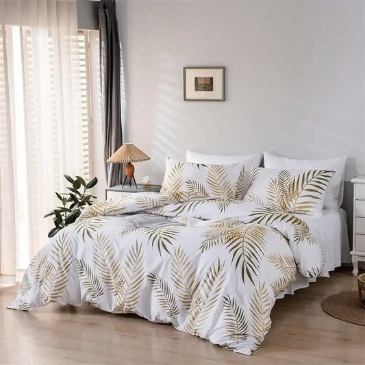 White duvet set with gold and dark green palm leaves pattern featuring decorbites gold print bedding solution