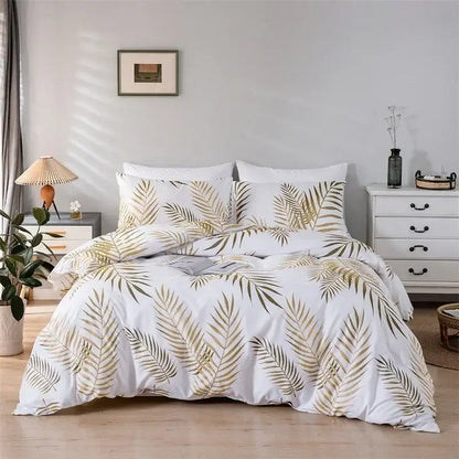 White duvet set with tropical palm leaf pattern in gold and olive green soft fabric bedding solution by decorbites gold print