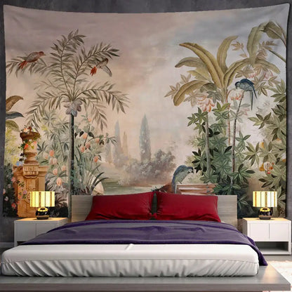 A large tropical green and brown banana leaf tapestry wall hanging with lush foliage and colorful parrots in vintage style