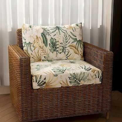 Woven brown rattan armchair with tropical green and cream brushed polyester microfiber outdoor sofa cushion