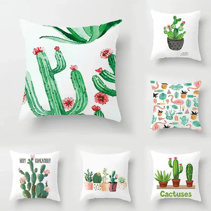 White throw pillow with green leaves decorative watercolor cacti and pink flowers for living room home decor
