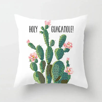 White throw pillow with green leaves decorative cactus design and holy guacamole text for living room home decor