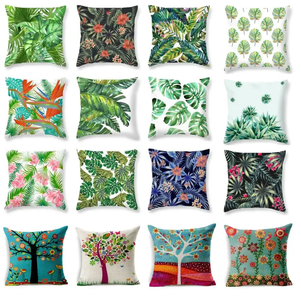 A collection of vibrant tropical green leaves decorative cushion covers with colorful flowers for home decor