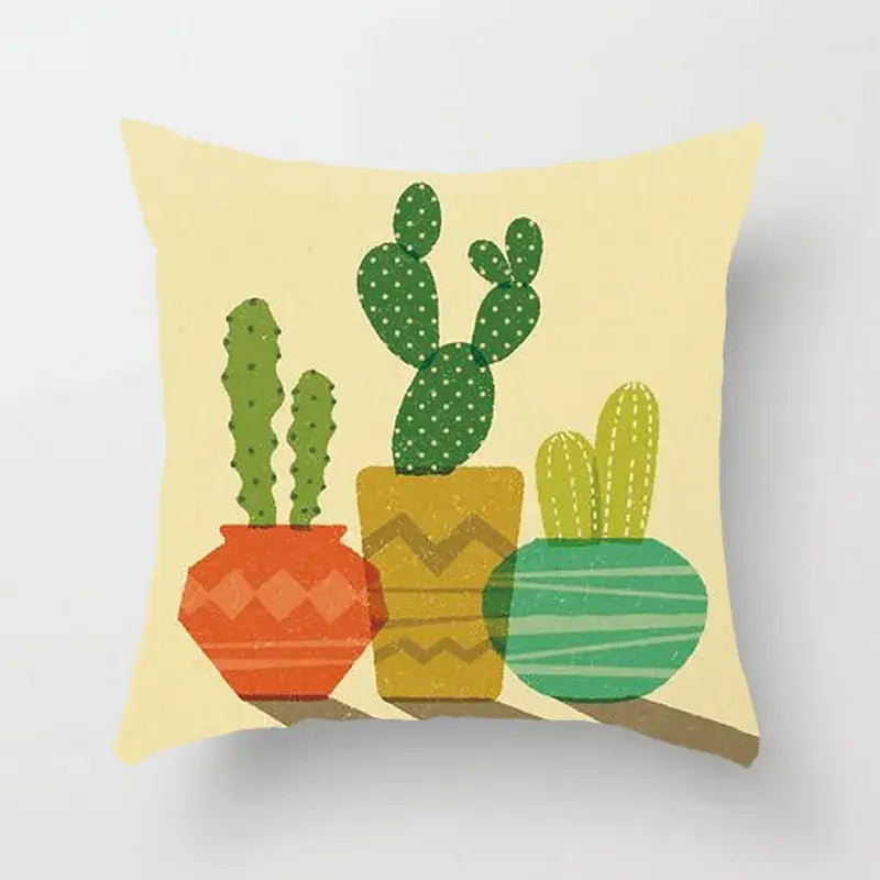 A square throw pillow with beige background and stylized cacti in colorful pots for green leaves home decor