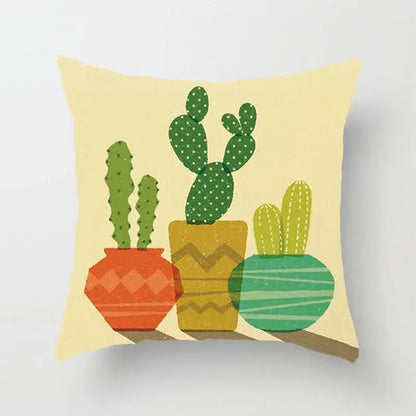 A square throw pillow with beige background and stylized cacti in colorful pots for green leaves home decor
