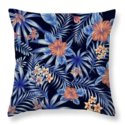 Tropical green leaves decorative cushion cover with bold orange hibiscus and blue palm fronds for home decor