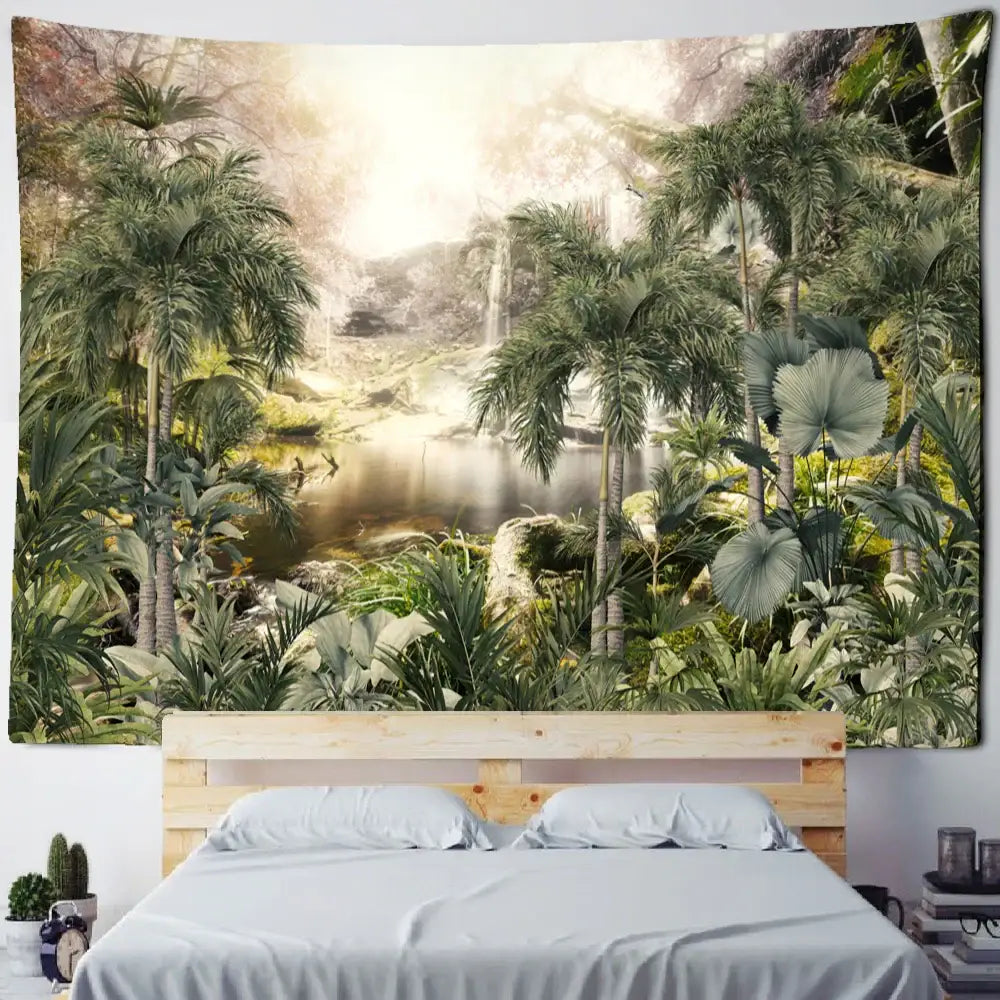 Tropical king palm landscape plant tapestry with lush palm trees and serene waterfall in soft greens and golden light decorbites king palm