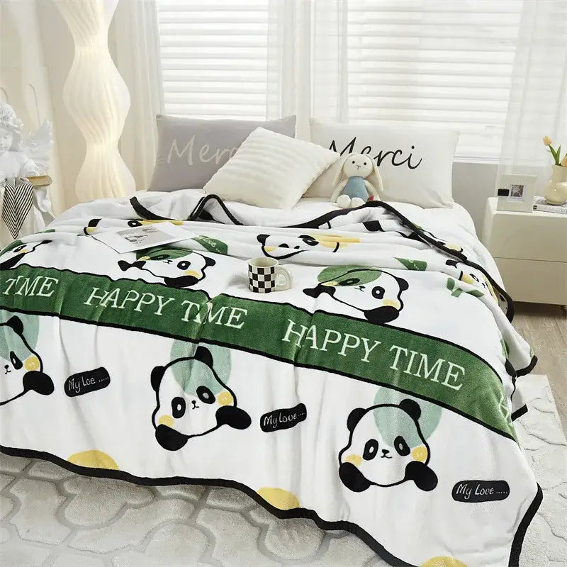 White plush decorbites cozy flannel blanket with cartoon pandas green happy time stripes and black trim bedroom throw