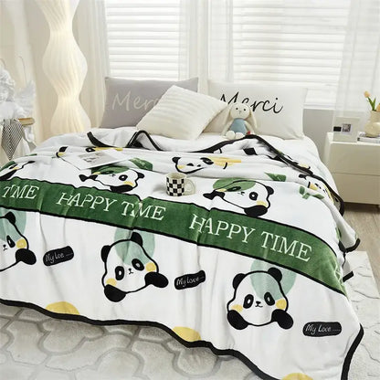 White plush decorbites cozy flannel blanket with cartoon pandas green happy time stripes and black trim bedroom throw