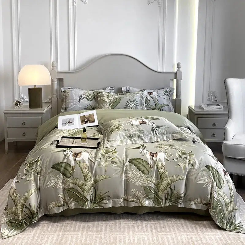 Elegant sage green satin bedding set with tropical leaf and deer motif printed on Decorbites 3d printed faux silk