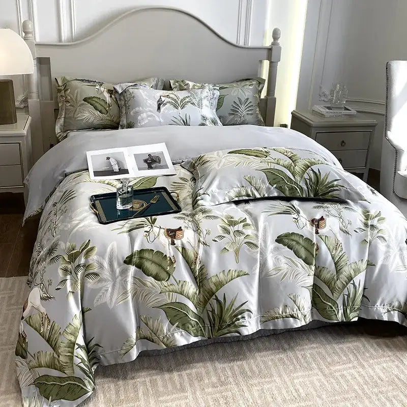 White satin duvet cover with lush tropical leaf pattern in green from decorbites 3d printed faux silk bedding set